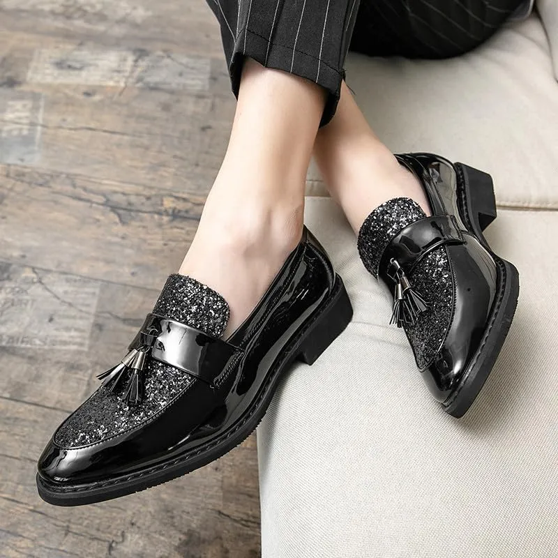 Santimon Men's Glitter Sequin Tassel Loafers Patent Leather Party Formal Dress Wedding Prom Moccasin Shoes for Men