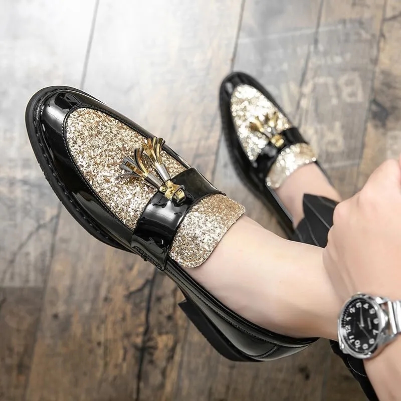 Santimon Men's Glitter Sequin Tassel Loafers Patent Leather Party Formal Dress Wedding Prom Moccasin Shoes for Men