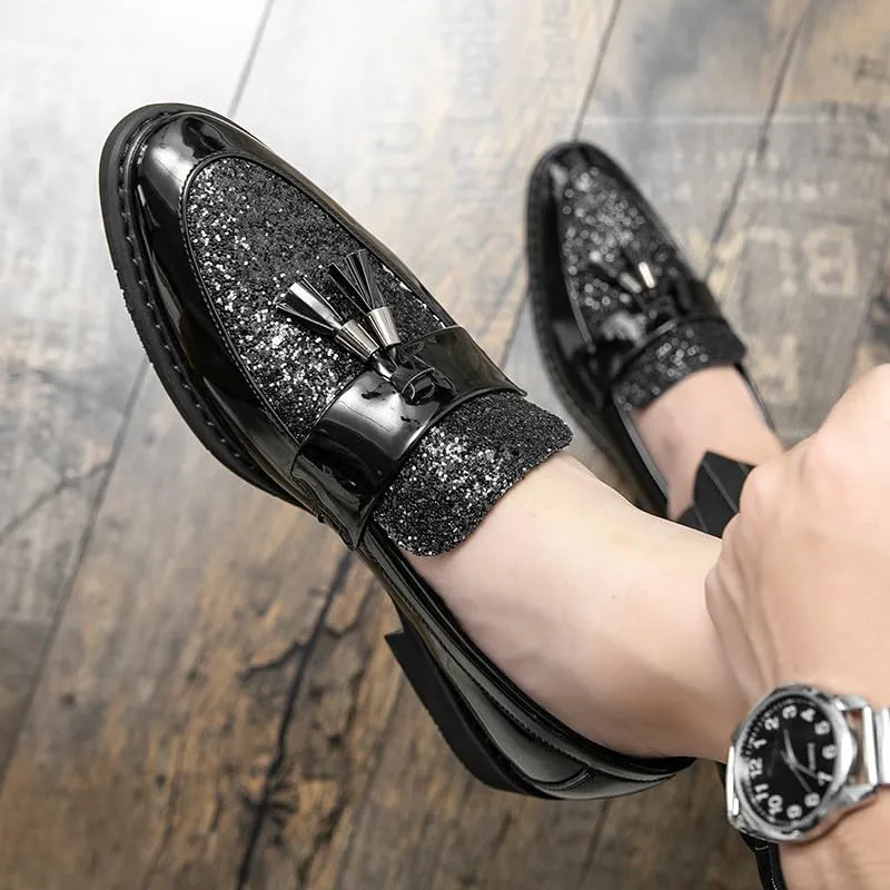 Santimon Men's Glitter Sequin Tassel Loafers Patent Leather Party Formal Dress Wedding Prom Moccasin Shoes for Men