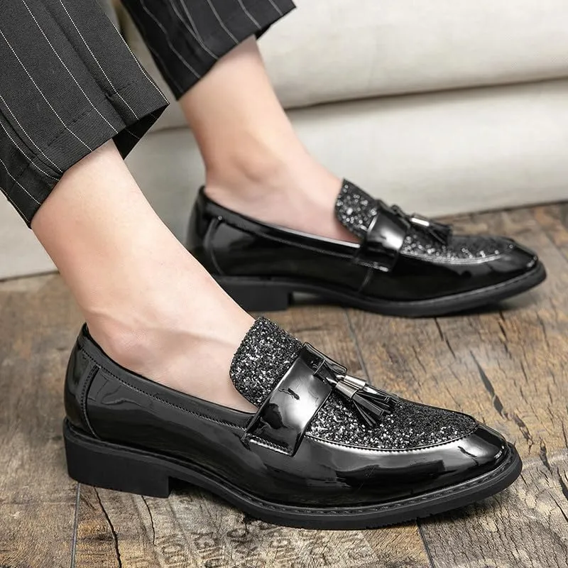 Santimon Men's Glitter Sequin Tassel Loafers Patent Leather Party Formal Dress Wedding Prom Moccasin Shoes for Men