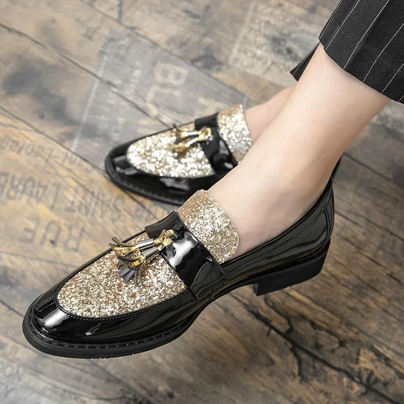 Santimon Men's Glitter Sequin Tassel Loafers Patent Leather Party Formal Dress Wedding Prom Moccasin Shoes for Men