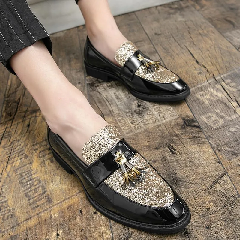 Santimon Men's Glitter Sequin Tassel Loafers Patent Leather Party Formal Dress Wedding Prom Moccasin Shoes for Men