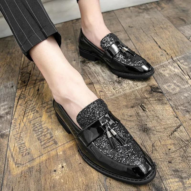 Santimon Men's Glitter Sequin Tassel Loafers Patent Leather Party Formal Dress Wedding Prom Moccasin Shoes for Men