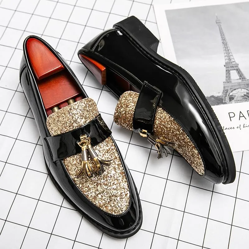 Santimon Men's Glitter Sequin Tassel Loafers Patent Leather Party Formal Dress Wedding Prom Moccasin Shoes for Men