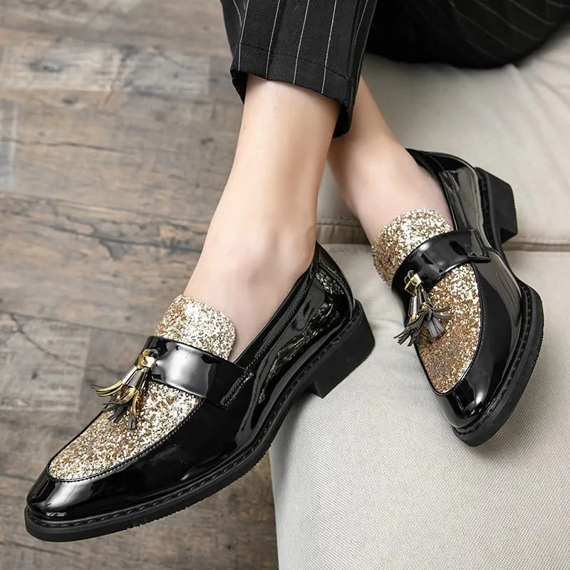 Santimon Men's Glitter Sequin Tassel Loafers Patent Leather Party Formal Dress Wedding Prom Moccasin Shoes for Men