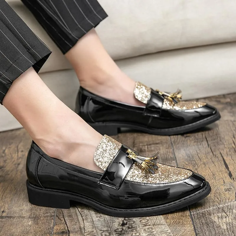 Santimon Men's Glitter Sequin Tassel Loafers Patent Leather Party Formal Dress Wedding Prom Moccasin Shoes for Men