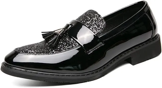 Santimon Men's Glitter Sequin Tassel Loafers Patent Leather Party Formal Dress Wedding Prom Moccasin Shoes for Men