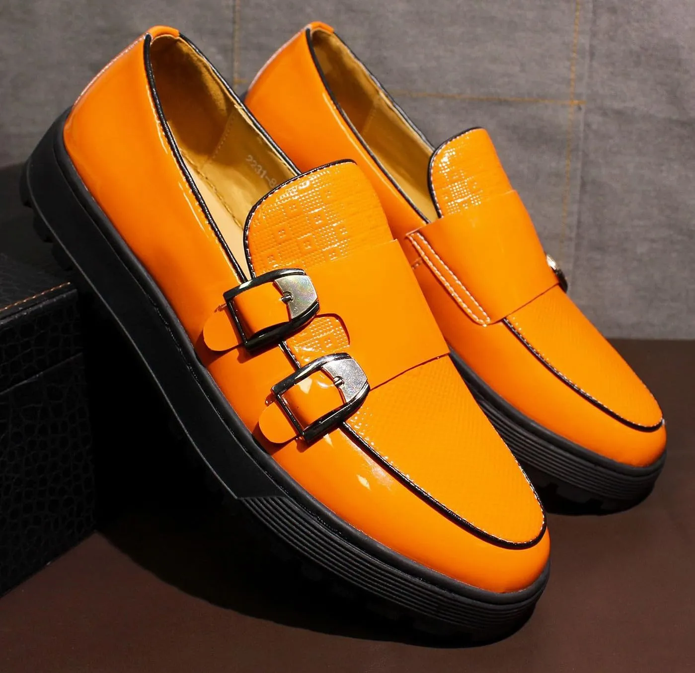 Santimon Mens Penny Loafers Yellow Dress Slip On Causal Flat Shoes Double Monk Mocasines Genunie Leather Modern Prom Wedding Fashion Tuxedo Shoes for Men