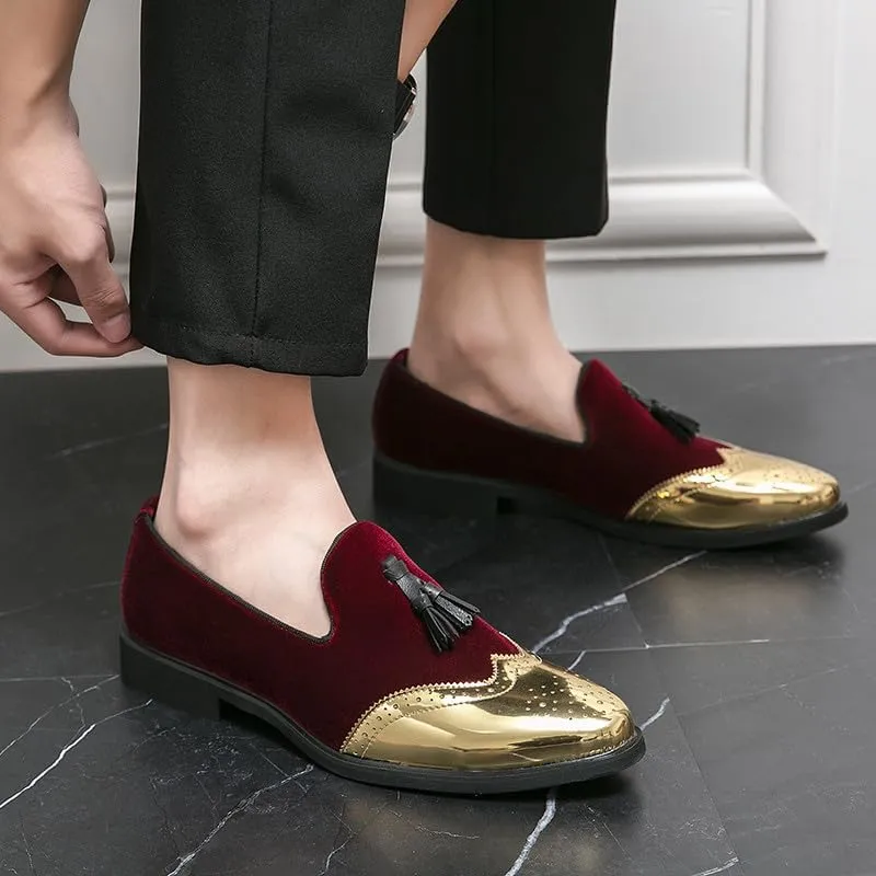 Santimon Mens Velvet Tassel Loafers Gold Wingtip Brogues Fashion Party Wedding Tuxedo Suit Shoes