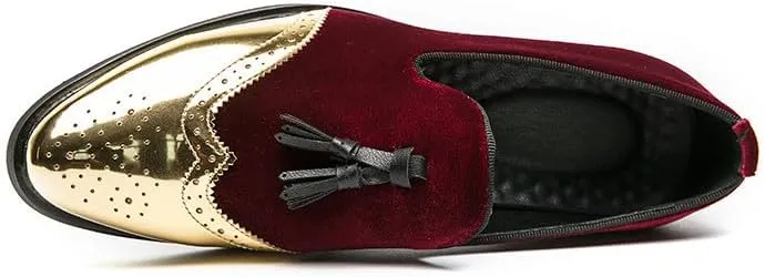 Santimon Mens Velvet Tassel Loafers Gold Wingtip Brogues Fashion Party Wedding Tuxedo Suit Shoes