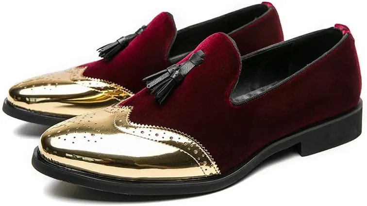 Santimon Mens Velvet Tassel Loafers Gold Wingtip Brogues Fashion Party Wedding Tuxedo Suit Shoes