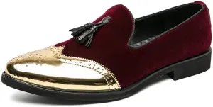 Santimon Mens Velvet Tassel Loafers Gold Wingtip Brogues Fashion Party Wedding Tuxedo Suit Shoes