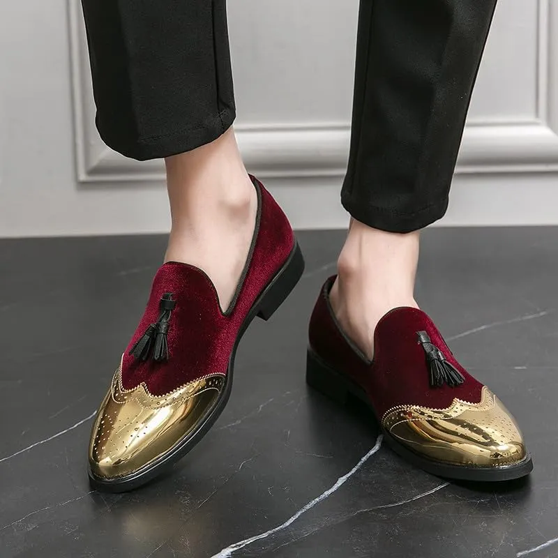 Santimon Mens Velvet Tassel Loafers Gold Wingtip Brogues Fashion Party Wedding Tuxedo Suit Shoes