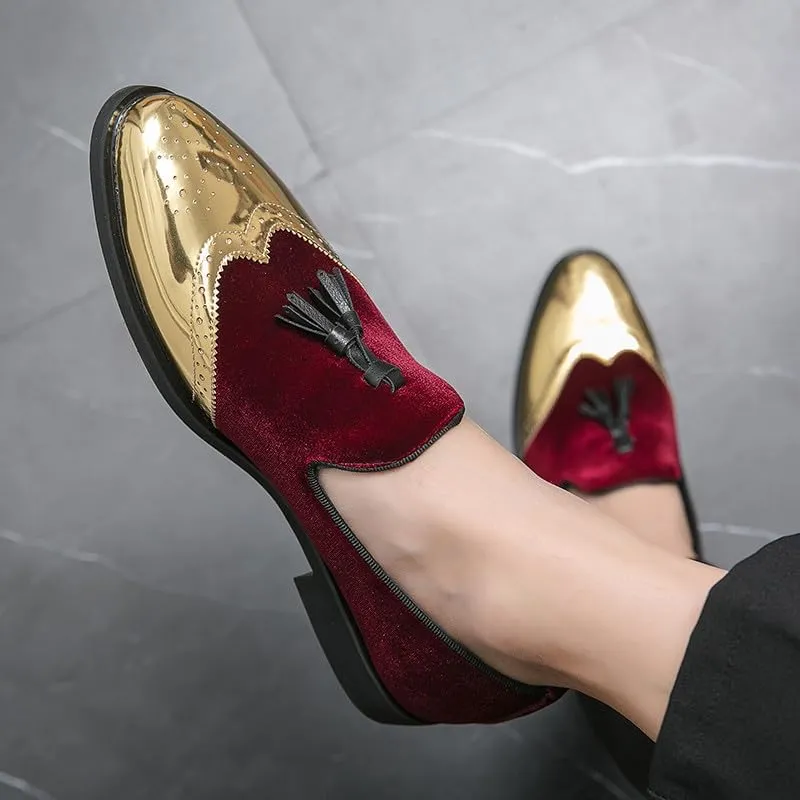 Santimon Mens Velvet Tassel Loafers Gold Wingtip Brogues Fashion Party Wedding Tuxedo Suit Shoes