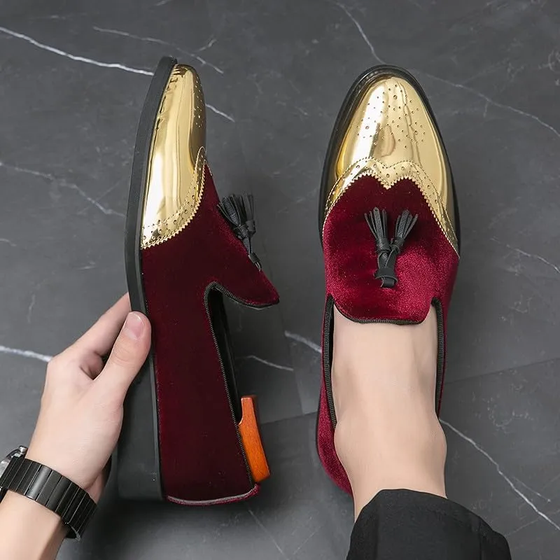 Santimon Mens Velvet Tassel Loafers Gold Wingtip Brogues Fashion Party Wedding Tuxedo Suit Shoes