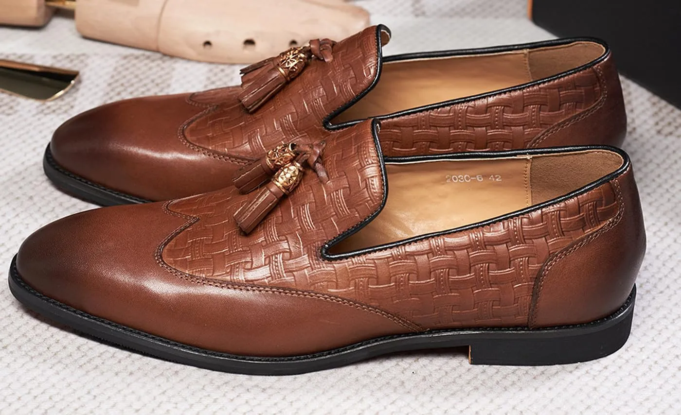 Santimon Tassel Loafers for Men Silp On Formal Dress Modern Suit Shoes Men's Fashion Genunie Leather Mocasines Prom Wedding Business Causal Penny Loafers Comfortable Tuxedo Shoes for Men