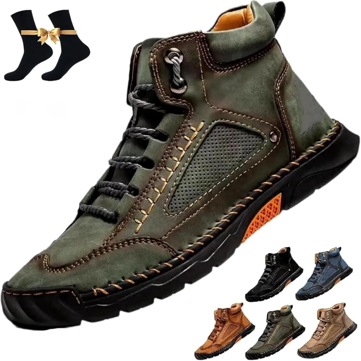Sawbehind Men's Comfortable Handmade Leather Boots, Men's Casual Leather Handmade Non-Slip Arch Support Sneakers,Hiking Shoes