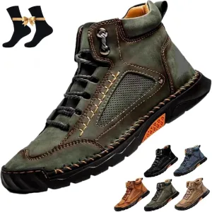 Sawbehind Men's Comfortable Handmade Leather Boots, Men's Casual Leather Handmade Non-Slip Arch Support Sneakers,Hiking Shoes