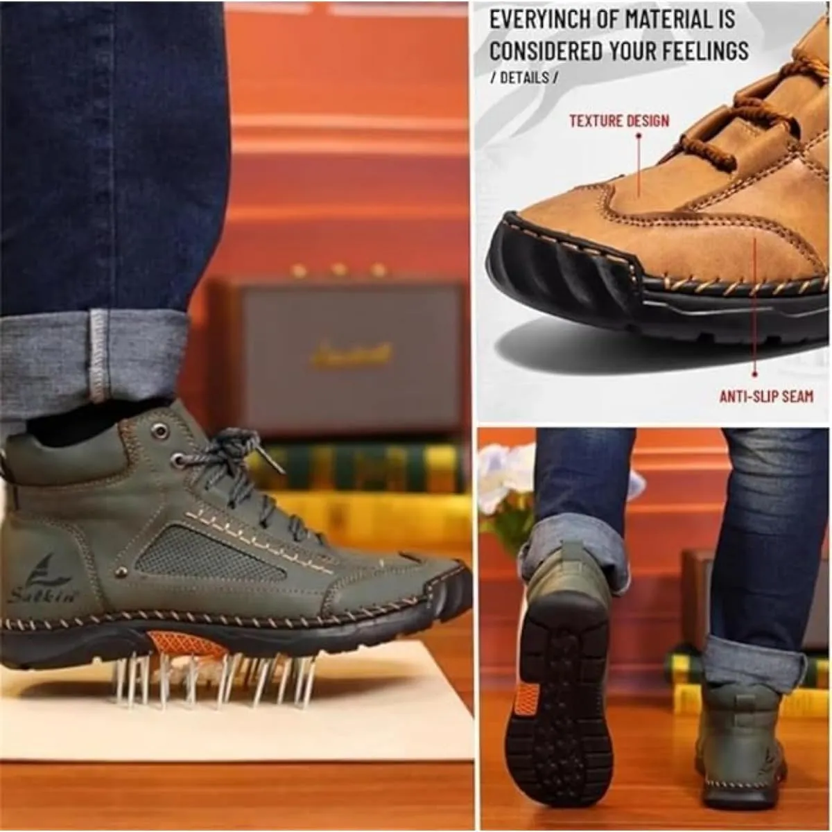 Sawbehind Men's Comfortable Handmade Leather Boots, Men's Casual Leather Handmade Non-Slip Arch Support Sneakers,Hiking Shoes