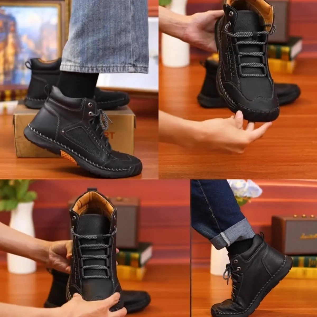 Sawbehind Men's Comfortable Handmade Leather Boots, Men's Casual Leather Handmade Non-Slip Arch Support Sneakers,Hiking Shoes