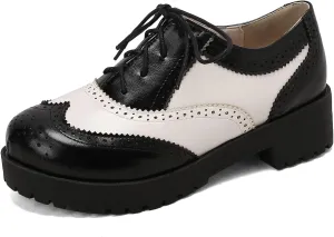 SHEMEE Patent Leather Chunky Mid Heels Wingtip Oxfords Lug Sole Brogues Platform Saddle Shoes for Women