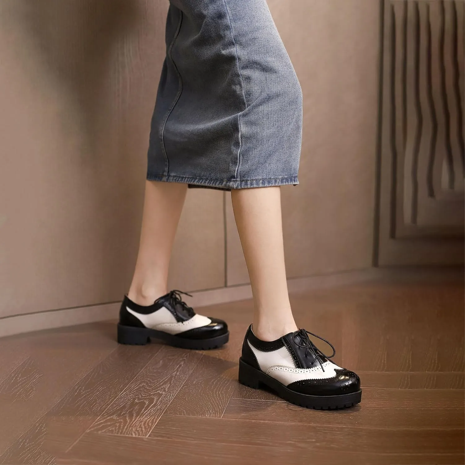 SHEMEE Patent Leather Chunky Mid Heels Wingtip Oxfords Lug Sole Brogues Platform Saddle Shoes for Women