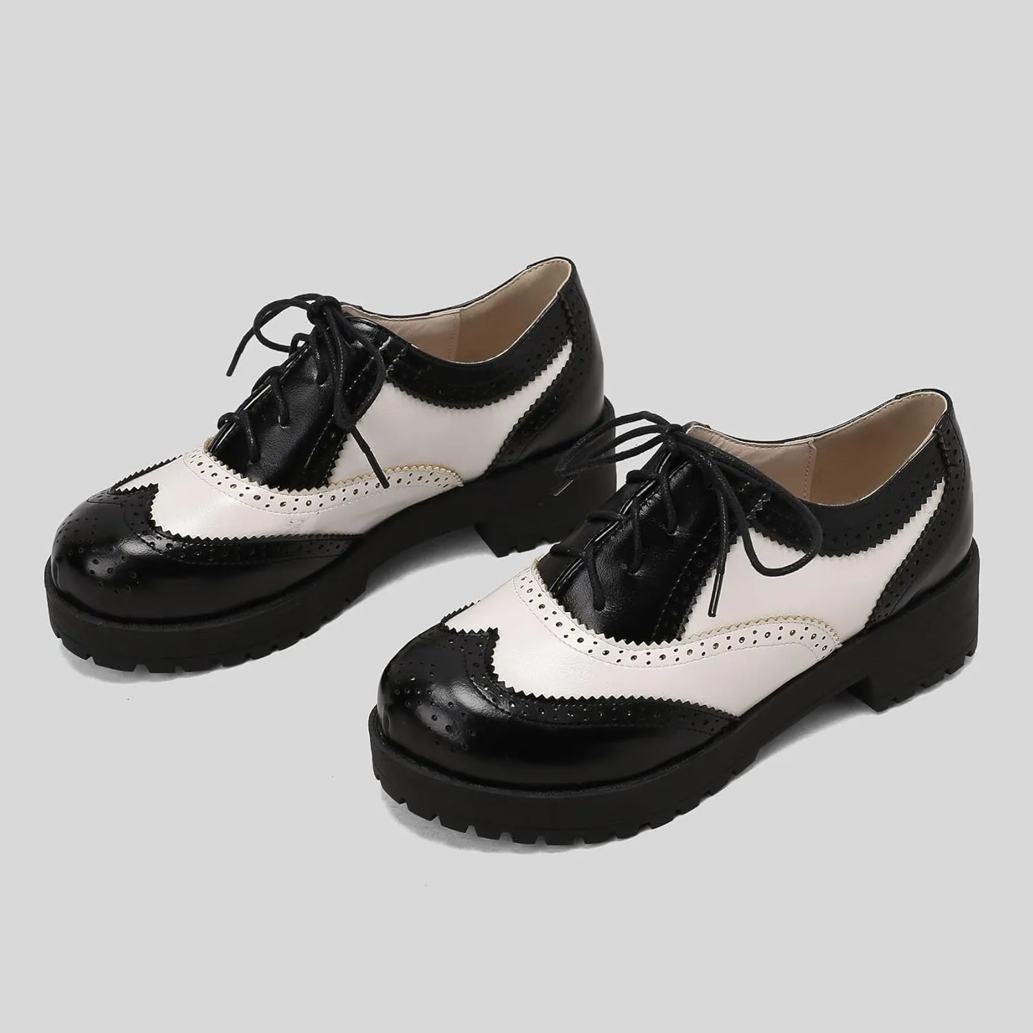 SHEMEE Patent Leather Chunky Mid Heels Wingtip Oxfords Lug Sole Brogues Platform Saddle Shoes for Women