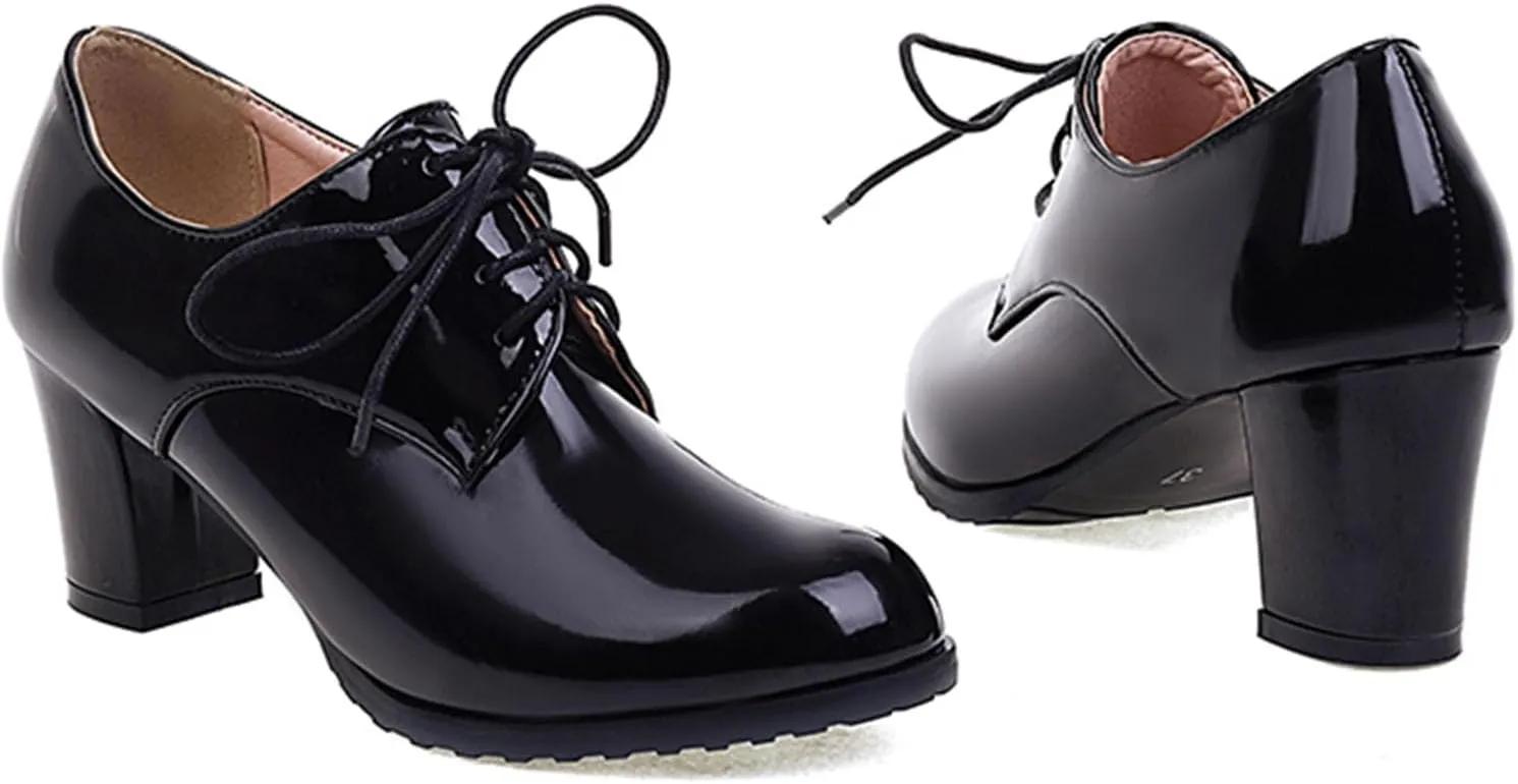 SHEMEE Patent Leather Oxfords for Women Chunky Block Heels Brogues Round Toe Lace Up Pumps Work Office Dress Shoes