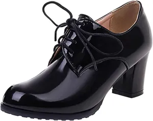 SHEMEE Patent Leather Oxfords for Women Chunky Block Heels Brogues Round Toe Lace Up Pumps Work Office Dress Shoes