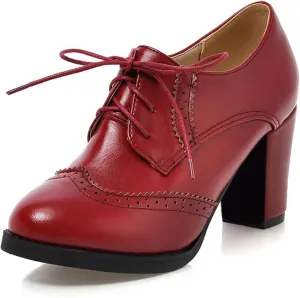 SHEMEE Retro Wingtip Oxfords for Women Chunky Block Heels Brogues Saddle Shoes Round Toe Lace Up Pumps Thick High Heeled Booties