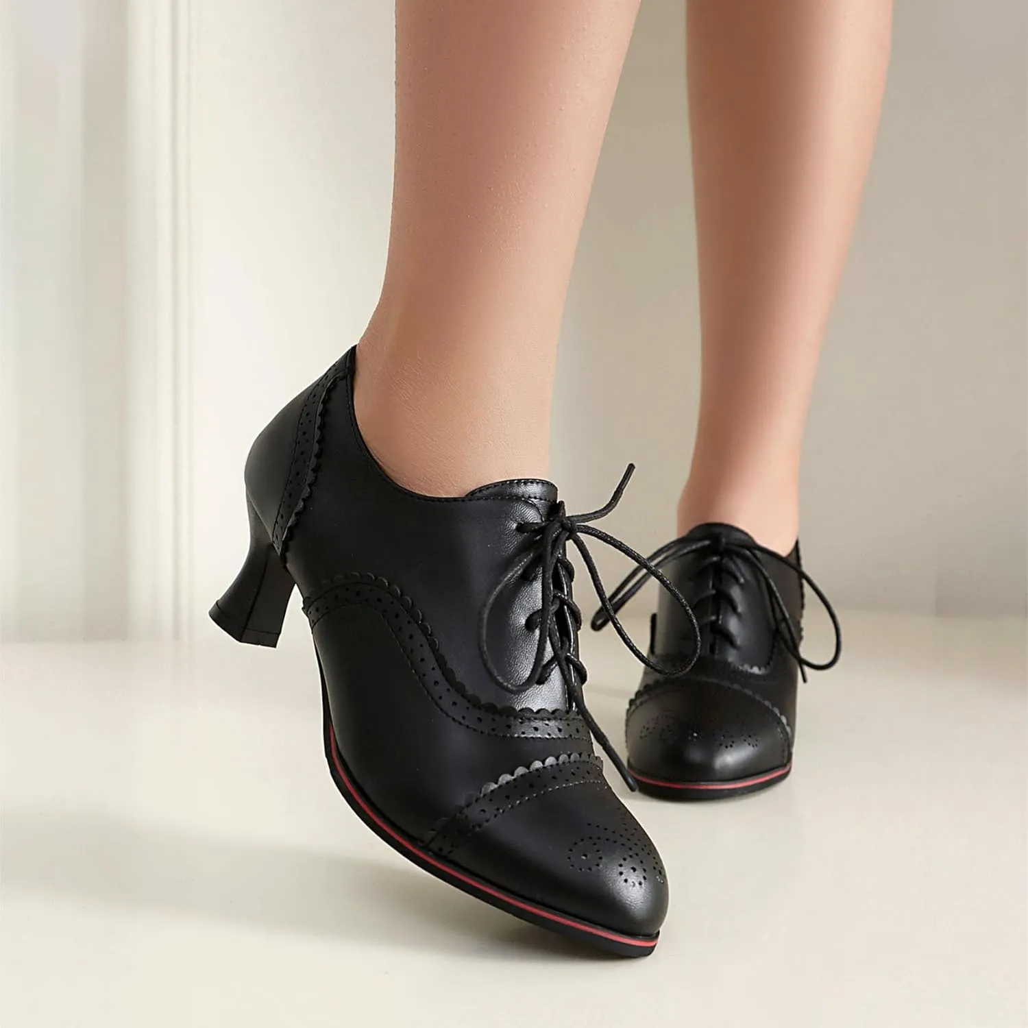 SHEMEE Women's Kitten Heels Oxford Pumps Victorian Style Vintage Mid-Heels Lace Up Brogues Witch Costume Cosplay Shoes