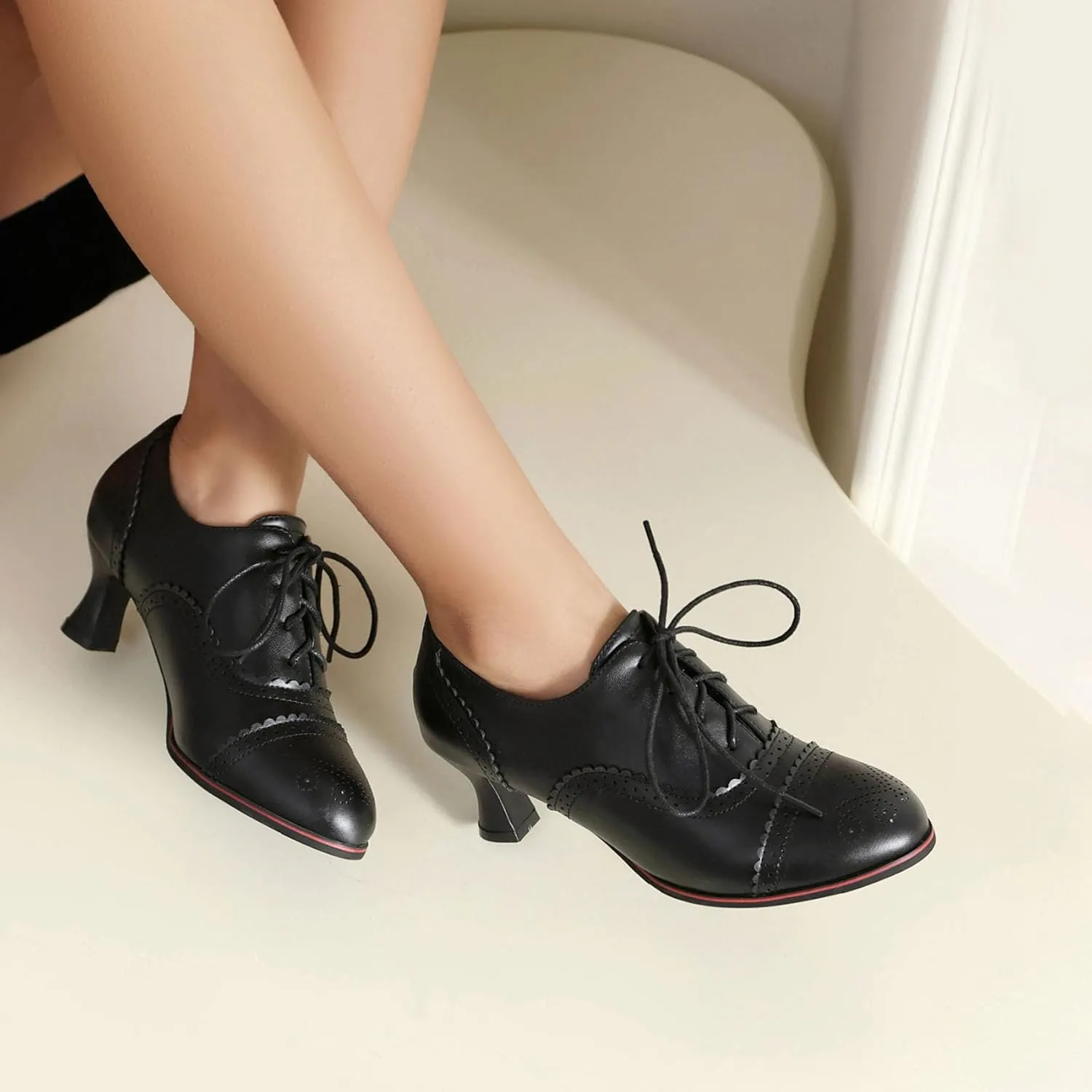 SHEMEE Women's Kitten Heels Oxford Pumps Victorian Style Vintage Mid-Heels Lace Up Brogues Witch Costume Cosplay Shoes