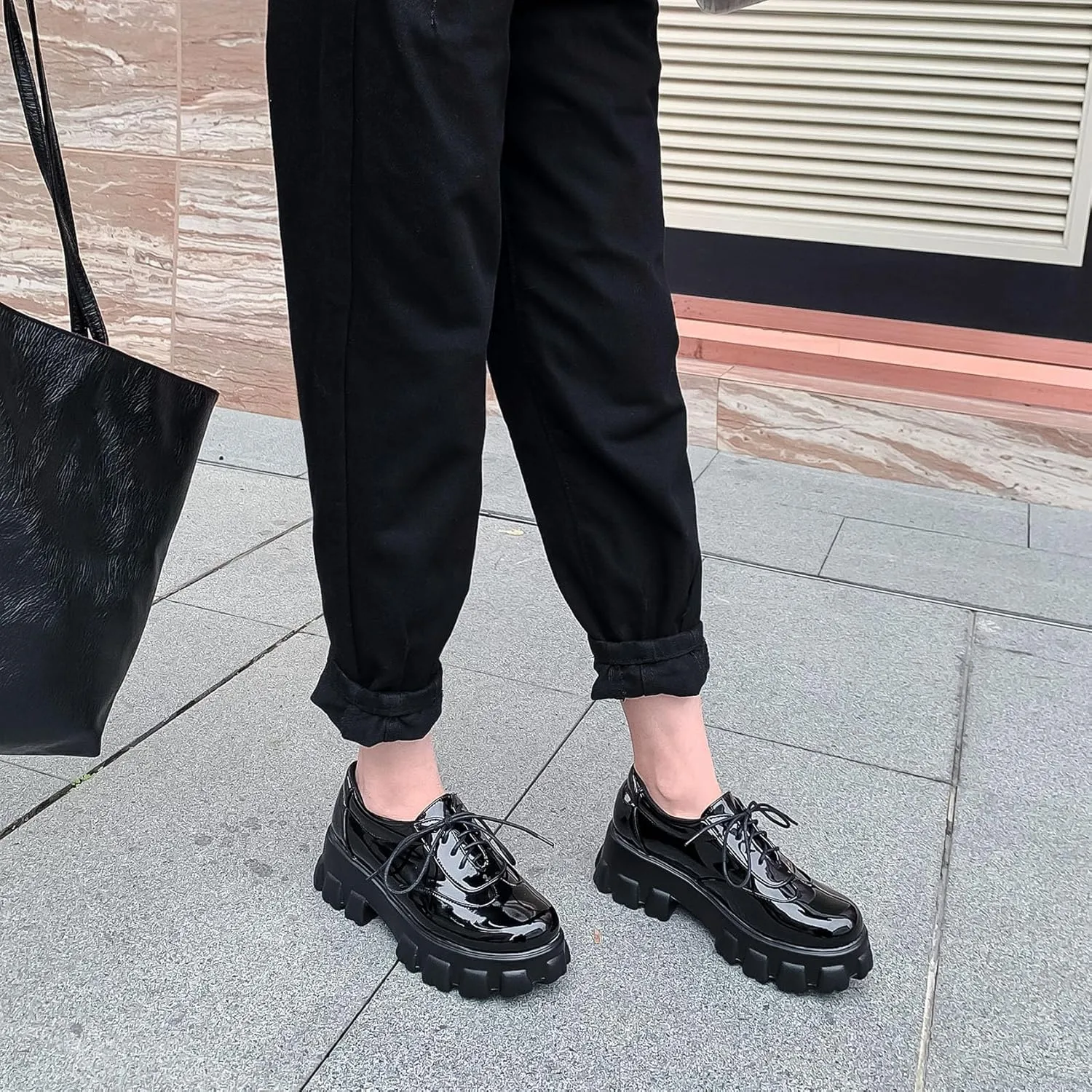SHEMEE Women's Platform Oxfords Chunky Heels Loafer Lug Sole Lace Up Derby Shoes Comfort Business Work Office Dress Pumps