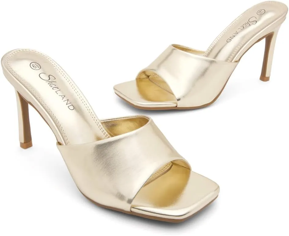 Shoe Land Melrose Women's High Heels Stiletto Heeled Slides, Square Open Toe One Band Slip-On Heeled Mules  Dressy Clear Heeled Sandals for Prom Party Wedding and Vacation
