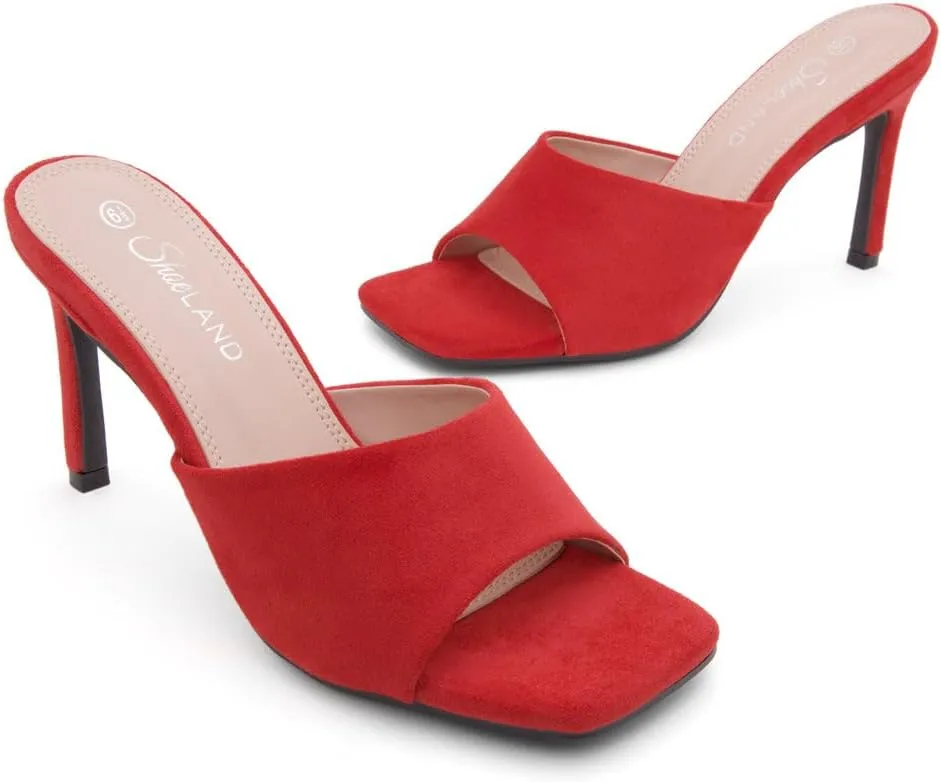Shoe Land Melrose Women's High Heels Stiletto Heeled Slides, Square Open Toe One Band Slip-On Heeled Mules  Dressy Clear Heeled Sandals for Prom Party Wedding and Vacation
