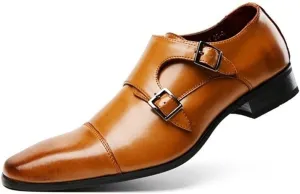 Single Season Dress Oxford for Men Slip On Double Monk Strap Cap Toe Square Toe Leather Block Heel Rubber Sole Slip Resistant Anti-Slip Working Very Popular Among Young People (Color : B Brown