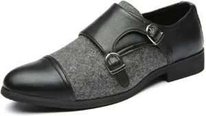 Single Season Dress Oxford for Men Slip On Two Tone Monk Strap Cap Toe PU Leather Block Heel Low Top Slip Resistant Working Very Popular Among Young People (Color : Black Gray, Size : 7