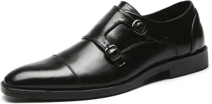 Single Season Formal Shoes for Men Slip On Monk Strap Cap Toe Black Burnished Toe PU Leather Rubber Sole Resistant Non Slip Low Top Anti-Slip Casual Very Popular Among Young People (Colo