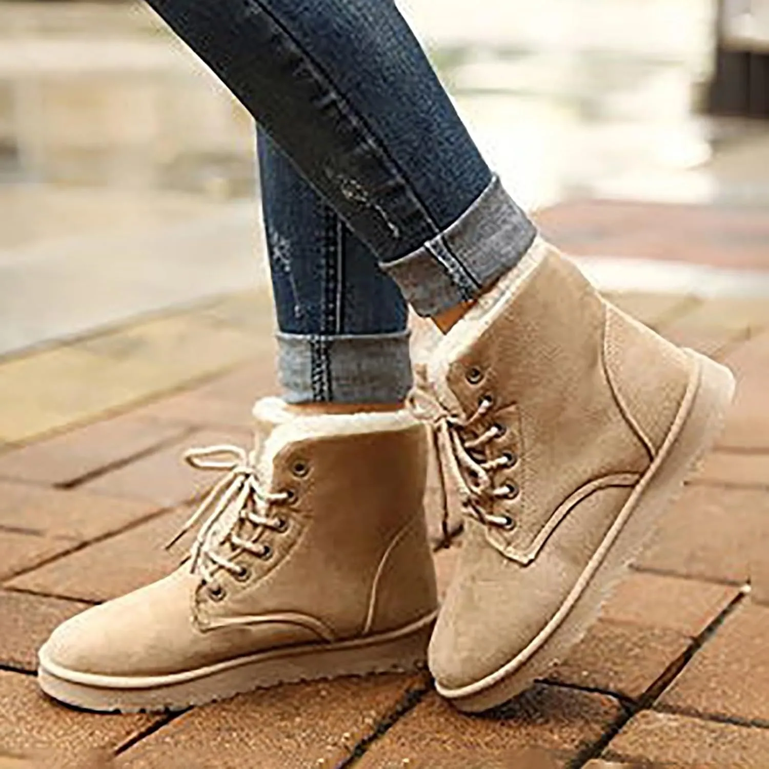 Snow Boots for Women Faux Furry Lined Ankle Booties Low Heel Suede Leather Lace Up Boots Casual Comfort Slip on Fall Winter Short Boots Side Zipper Wide Width Ladies Boots Women Booties