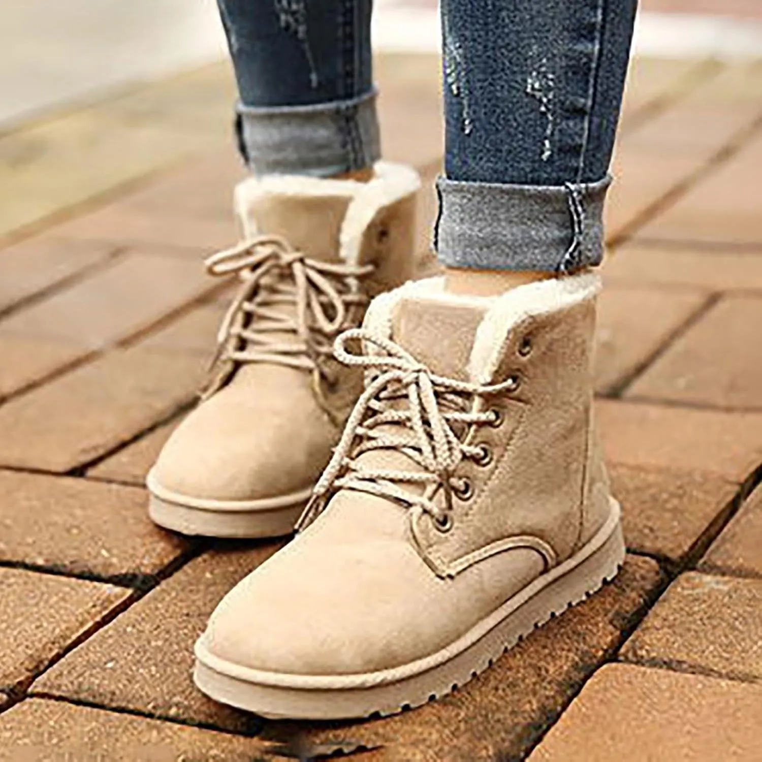 Snow Boots for Women Faux Furry Lined Ankle Booties Low Heel Suede Leather Lace Up Boots Casual Comfort Slip on Fall Winter Short Boots Side Zipper Wide Width Ladies Boots Women Booties