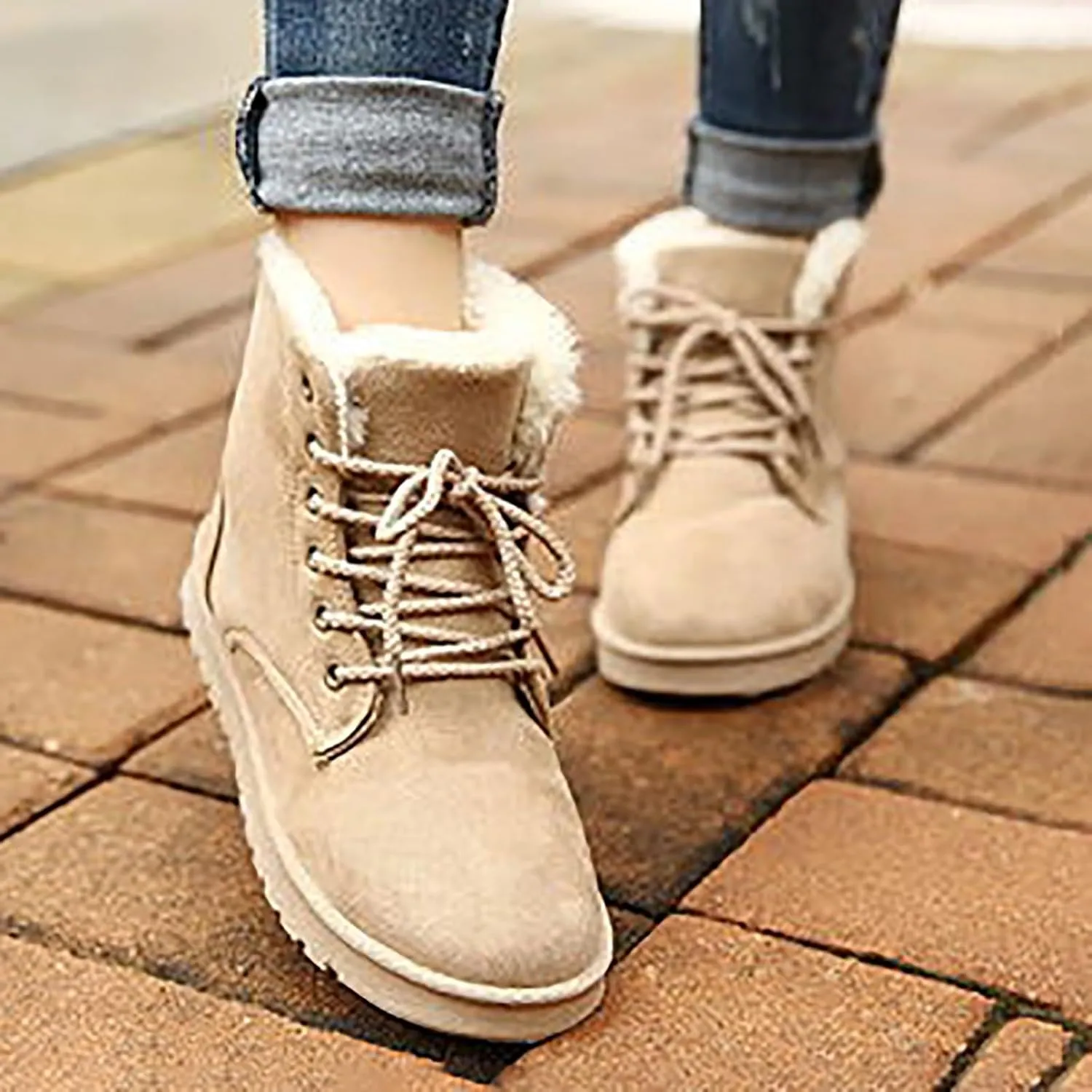 Snow Boots for Women Faux Furry Lined Ankle Booties Low Heel Suede Leather Lace Up Boots Casual Comfort Slip on Fall Winter Short Boots Side Zipper Wide Width Ladies Boots Women Booties