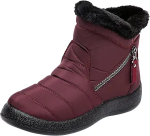 Snow Boots for Women Faux Furry Lined Mid Calf Boots Low Heel Leather Dressy Slip on Comfortable Fall Winter Boots Zip Up Vintage 2024 Ladies Boots Women Booties