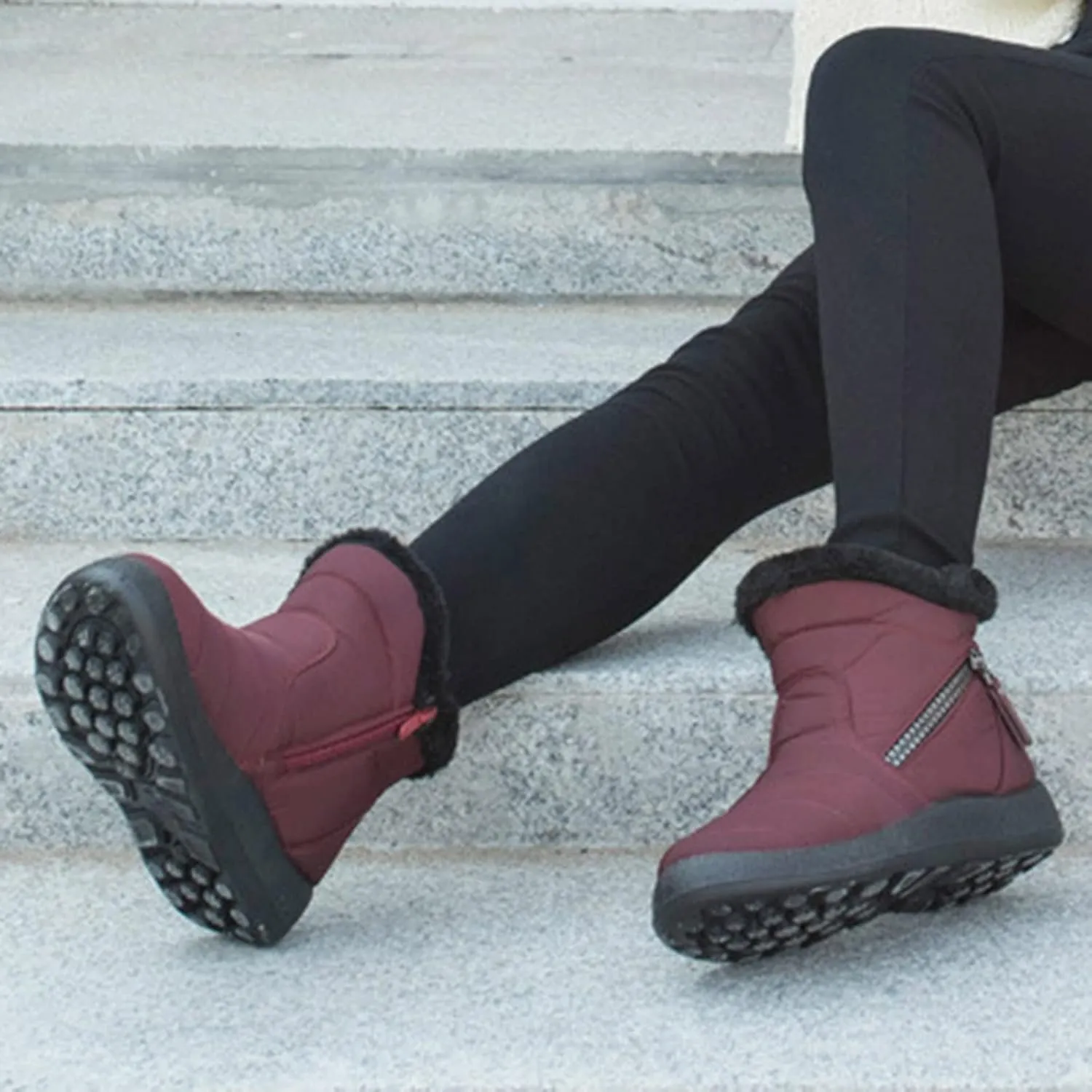 Snow Boots for Women Faux Furry Lined Mid Calf Boots Low Heel Leather Dressy Slip on Comfortable Fall Winter Boots Zip Up Vintage 2024 Ladies Boots Women Booties