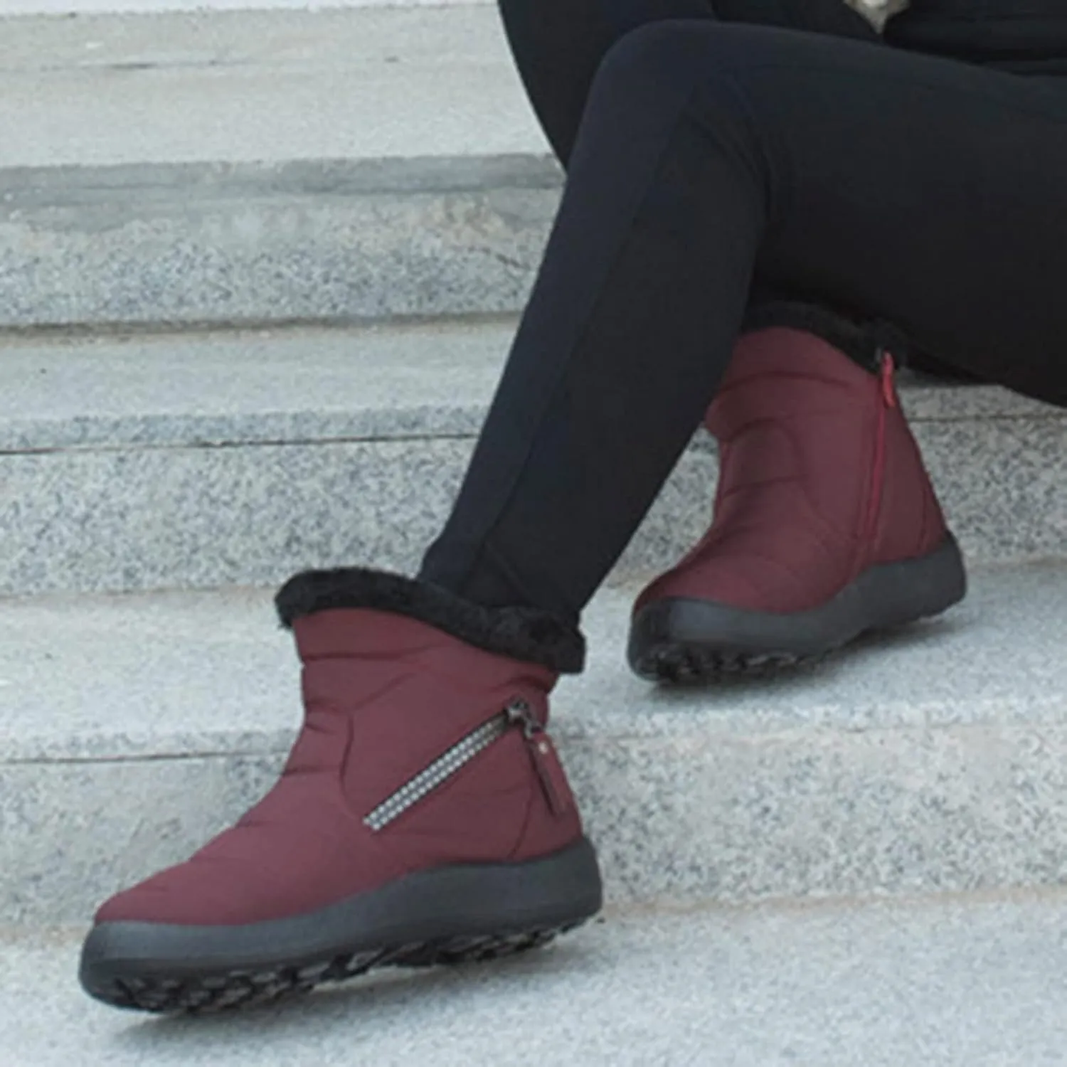 Snow Boots for Women Faux Furry Lined Mid Calf Boots Low Heel Leather Dressy Slip on Comfortable Fall Winter Boots Zip Up Vintage 2024 Ladies Boots Women Booties