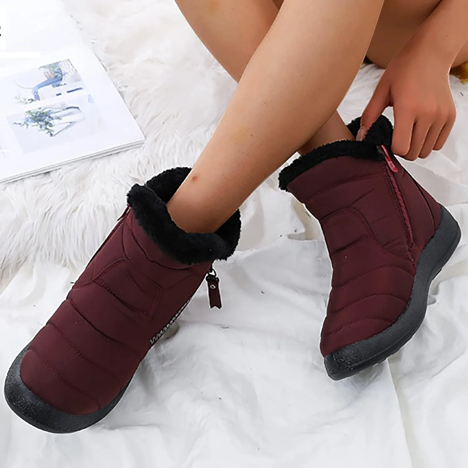 Snow Boots for Women Faux Furry Lined Mid Calf Boots Low Heel Leather Dressy Slip on Comfortable Fall Winter Boots Zip Up Vintage 2024 Ladies Boots Women Booties