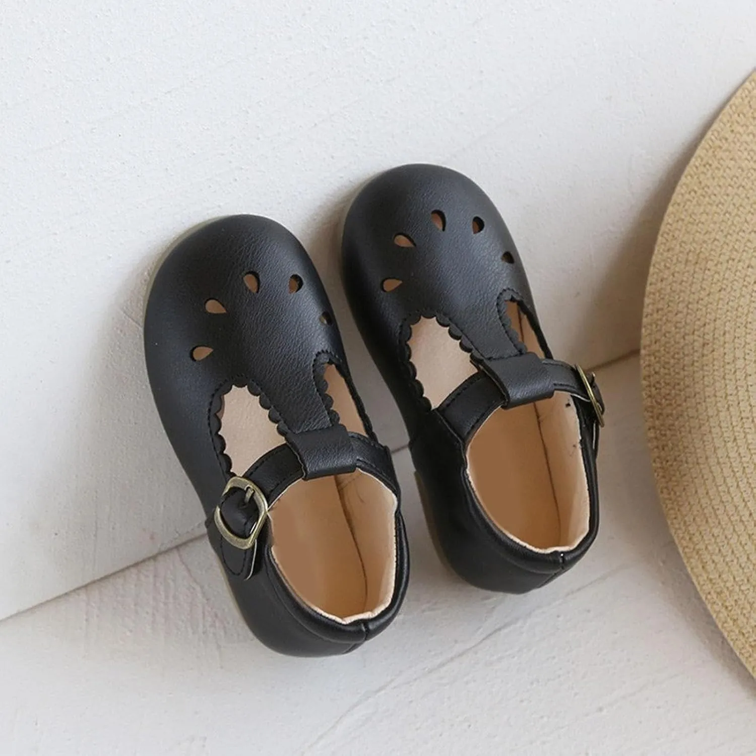 Toddler Girl T Strap Mary Jane Dress Shoes, Little Girl Closed Toe Hollow Buckle School 𝗨niform Walking Shoes