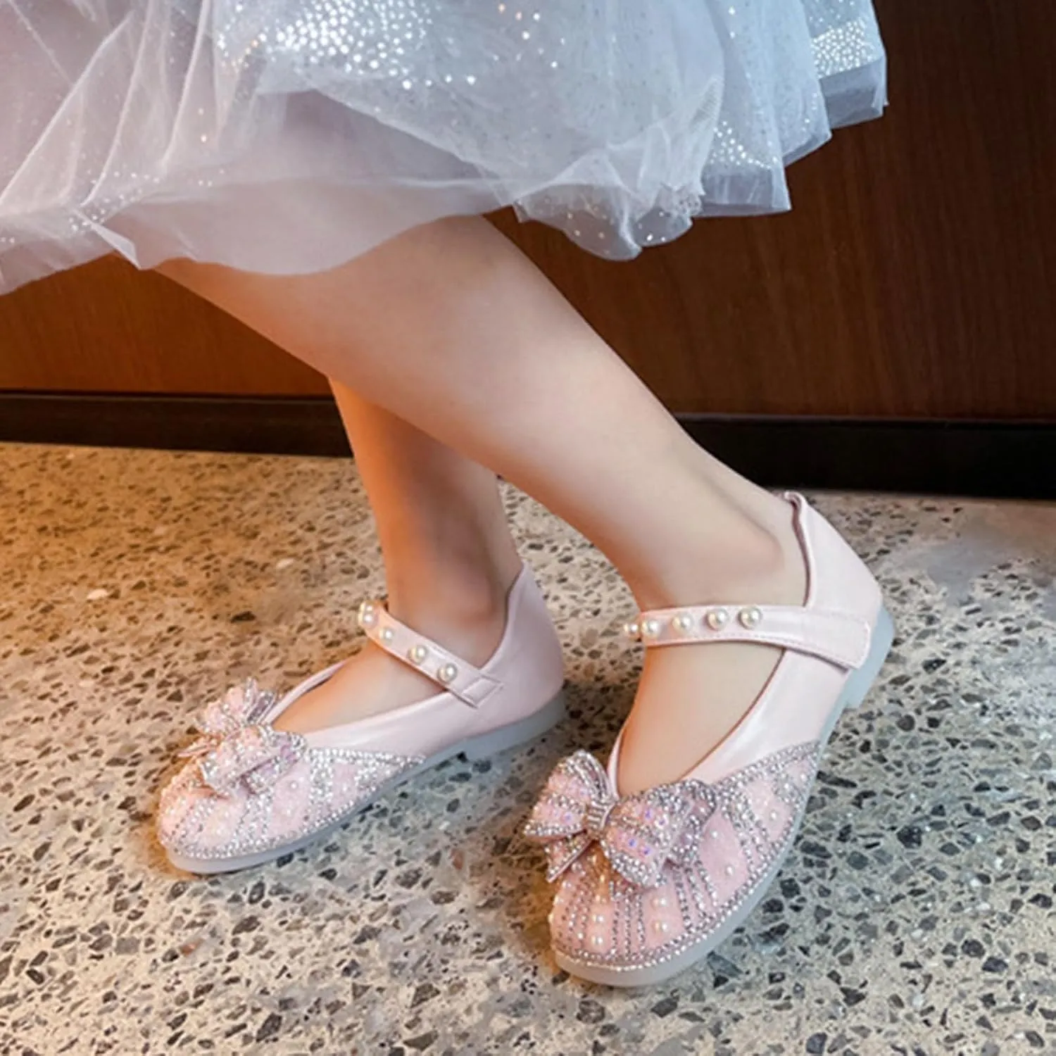 Toddler Girls Glitter Princess Dress Shoes 𝗥hinestones Bowknot Mary Jane Low Heels Wedding Prom Flat𝘀 for Kids