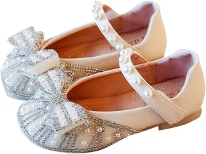 Toddler Girls Glitter Princess Dress Shoes 𝗥hinestones Bowknot Mary Jane Low Heels Wedding Prom Flat𝘀 for Kids