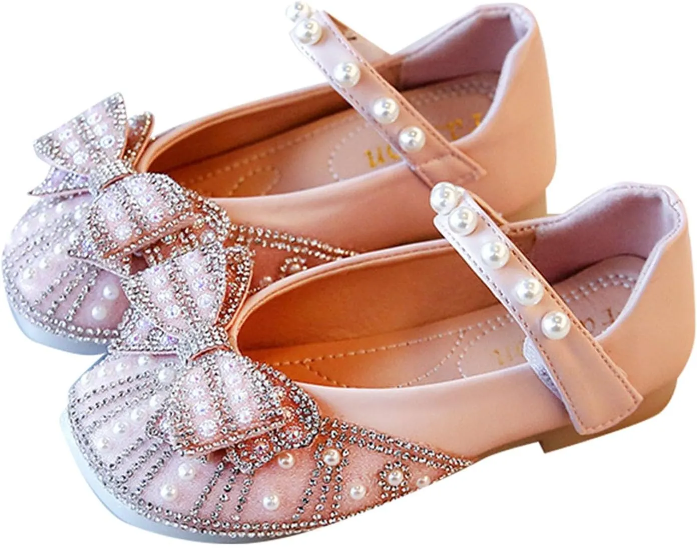 Toddler Girls Glitter Princess Dress Shoes 𝗥hinestones Bowknot Mary Jane Low Heels Wedding Prom Flat𝘀 for Kids