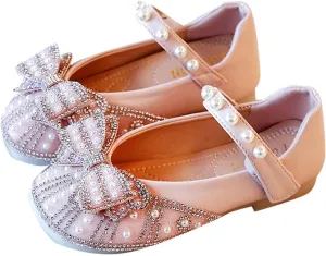 Toddler Girls Glitter Princess Dress Shoes 𝗥hinestones Bowknot Mary Jane Low Heels Wedding Prom Flat𝘀 for Kids